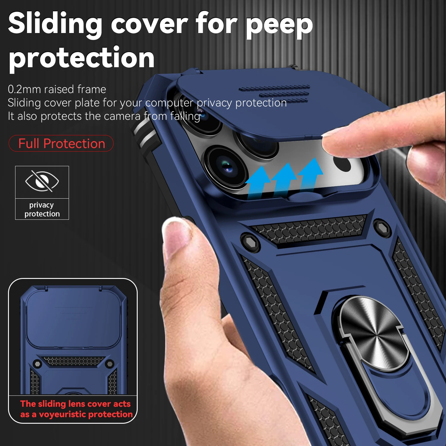 Slide Lens Cover Phone Case with 360° Rotating Ring Stand Protection