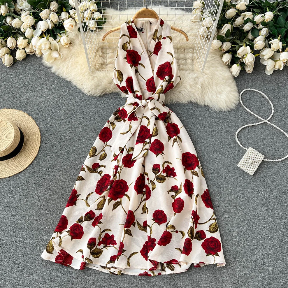 

Retro Floral Print Sleeveless Elegant Flare Dress A-line Casual Beach Vacation Dress Women Fashion Evening Party Summer Vestidos