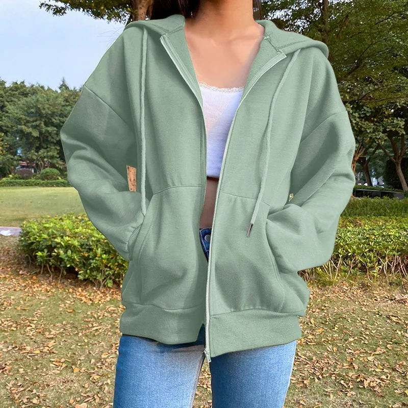 Y2k Clothes Hoodies Sweatshirt Solid Drawstring Zip Up Drop Shoulder Hoodie Women Oversize Coat Harajuku Streetwear Tops