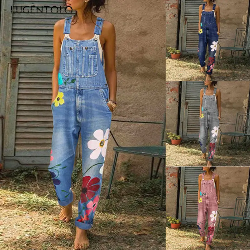 

Ripped Jeans Overalls Women Washed Flower Print Denim Female Simple Versatile Straight Leg Street Casual Trousers