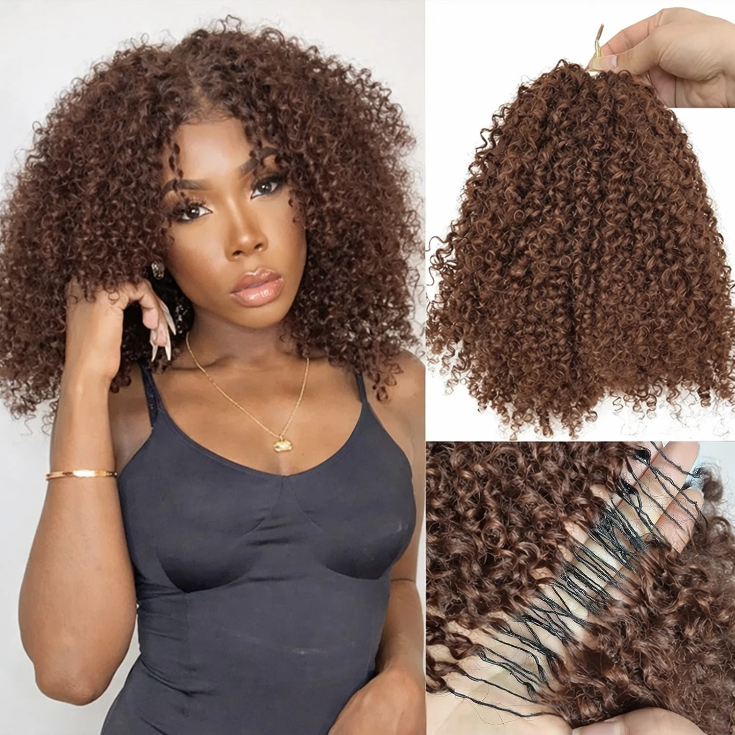 Extensioni per capelli umani ricci afro marroni pre-selezionate, invisibili e senza cuciture, per intrecciare, stile burmeso a piuma