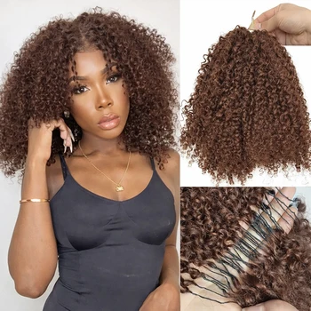 Extensioni per capelli umani ricci afro marroni pre-selezionate, invisibili e senza cuciture, per intrecciare, stile burmeso a piuma