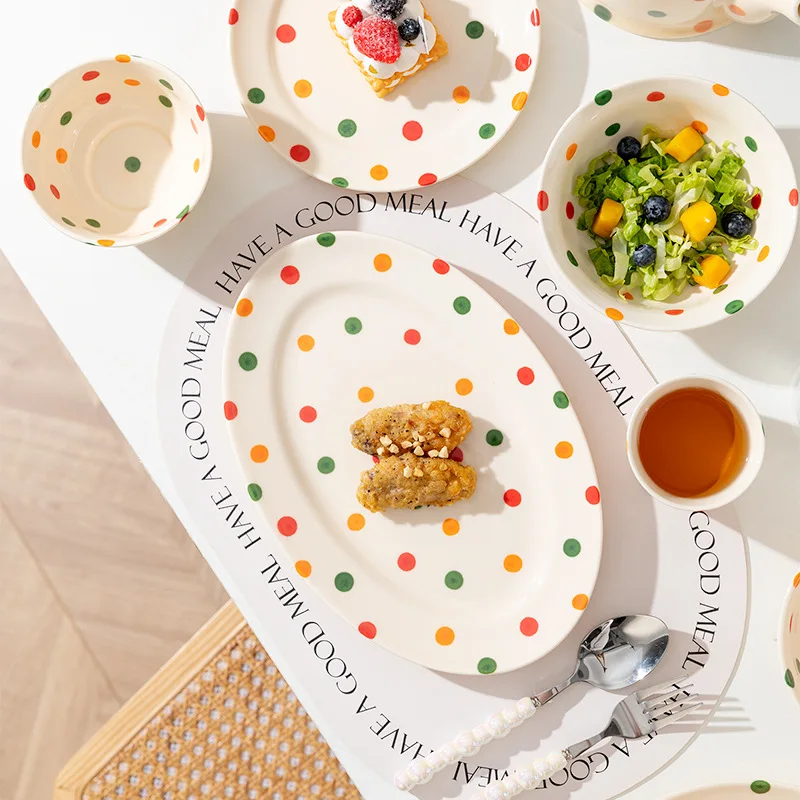 Vintage Polka Dot Bowls Plates Tableware High Aesthetic Value Ceramic Soup Bowls Plates Chopsticks Set
