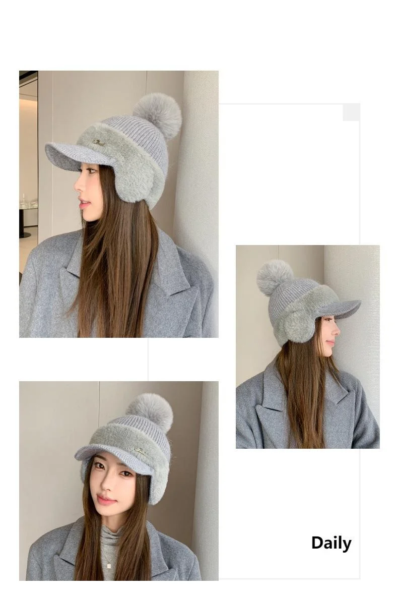 Nuovo berretto da baseball invernale in pelliccia di visone con protezione per le orecchie in pelliccia di coniglio per le donne, moda coreana, tinta unita, semplice cappello lavorato a maglia con palline di lana_voghion.com
