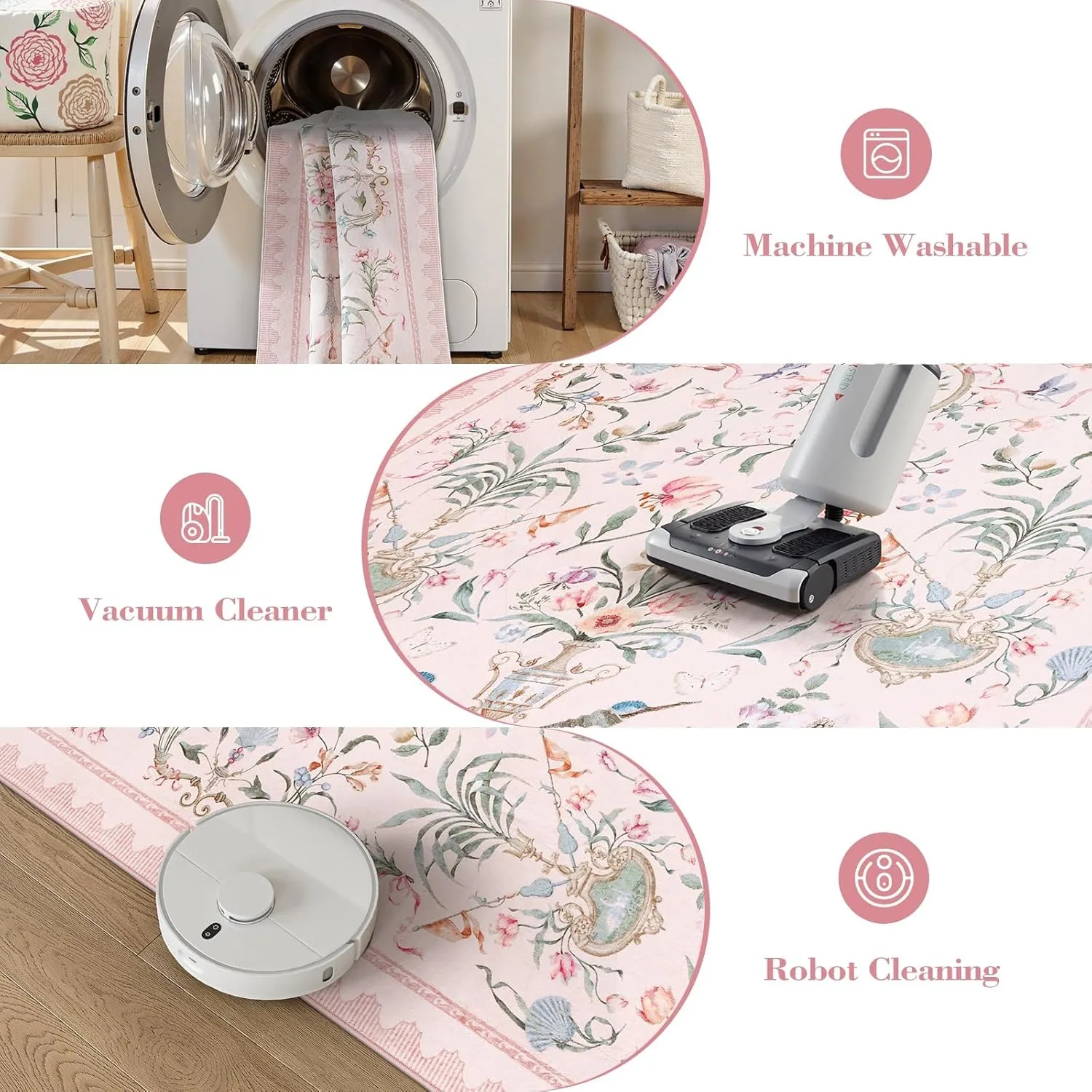 Pink Living Room Carpet Bohemian Bedroom Plush Rugs Machine Washable Non-slip Floral Print Cloakroom Soft Mats Ковер 러그 Alfombra