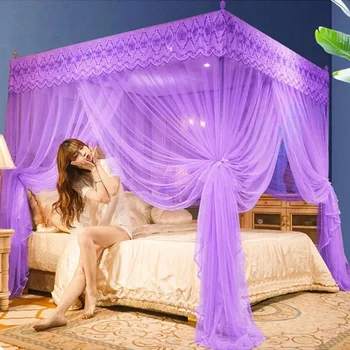 Moustiquaire plissée en dentelle brodée, pour lit carré, romantique, Queen, lit Double, auvent, support en acier inoxydable non inclus 1