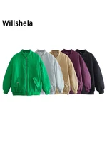 Willshela Women Fashion Oversized Bomber Jackets Coat With Pockets Front Zipper Vintage O-Neck Long Sleeves Female Chic Outwears