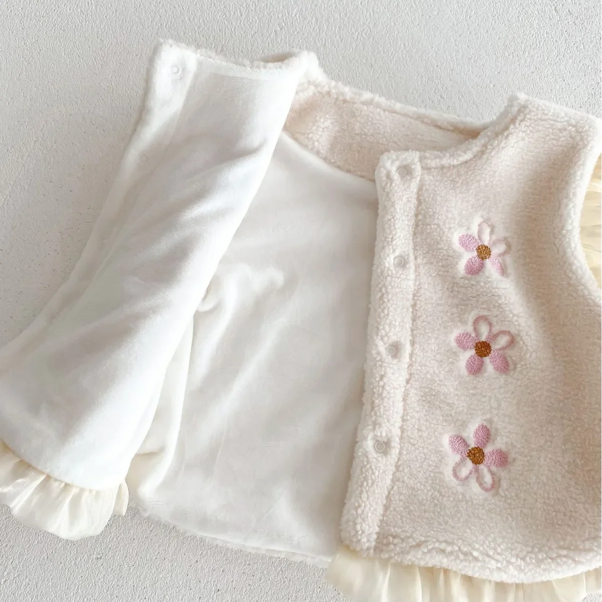 Children Down Vest Fur Vest 8091 Baby Vest Winter Baby Girl's Vest Fungus Lace Plus Velvet Padded Princess Waistcoat