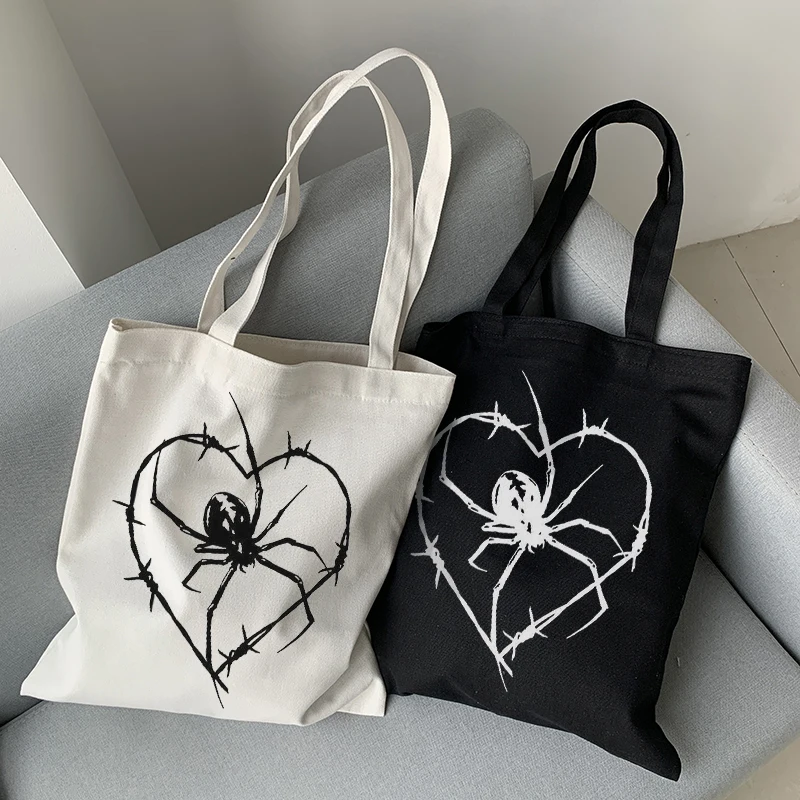 Gothic spider print women shoulder bags Vintage canvas bag large capacity women bag emo dark snake shopper casual y2k Tote