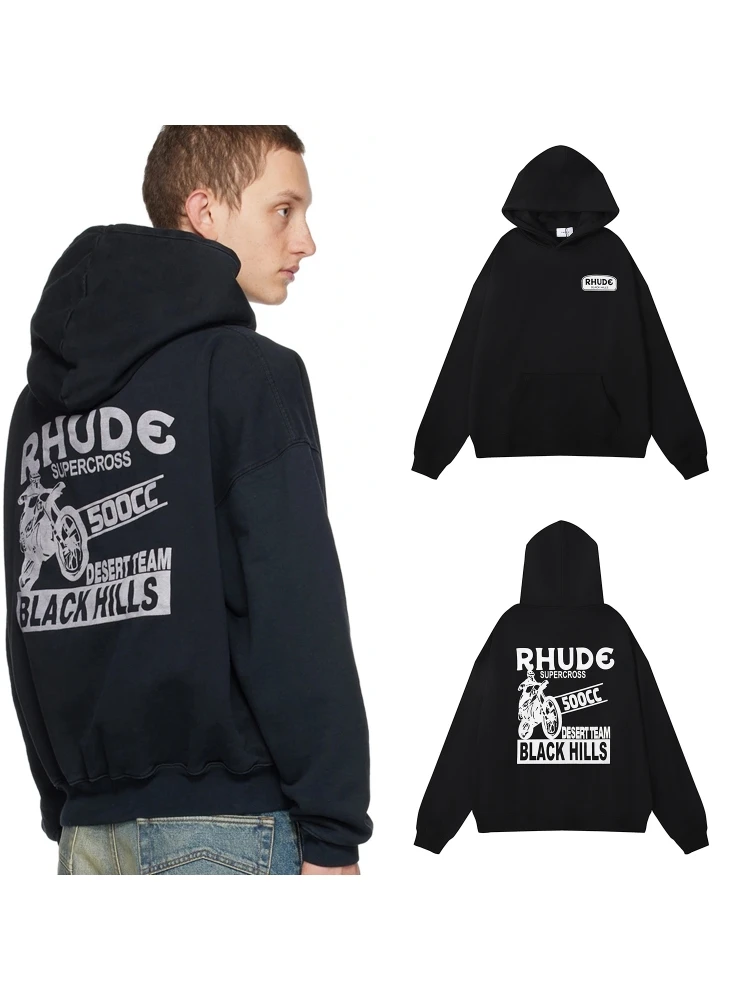 

RHUDE Autumn New Supercross Black Hills High Weight Pure Cotton Hoodie Sweater for Men and Women