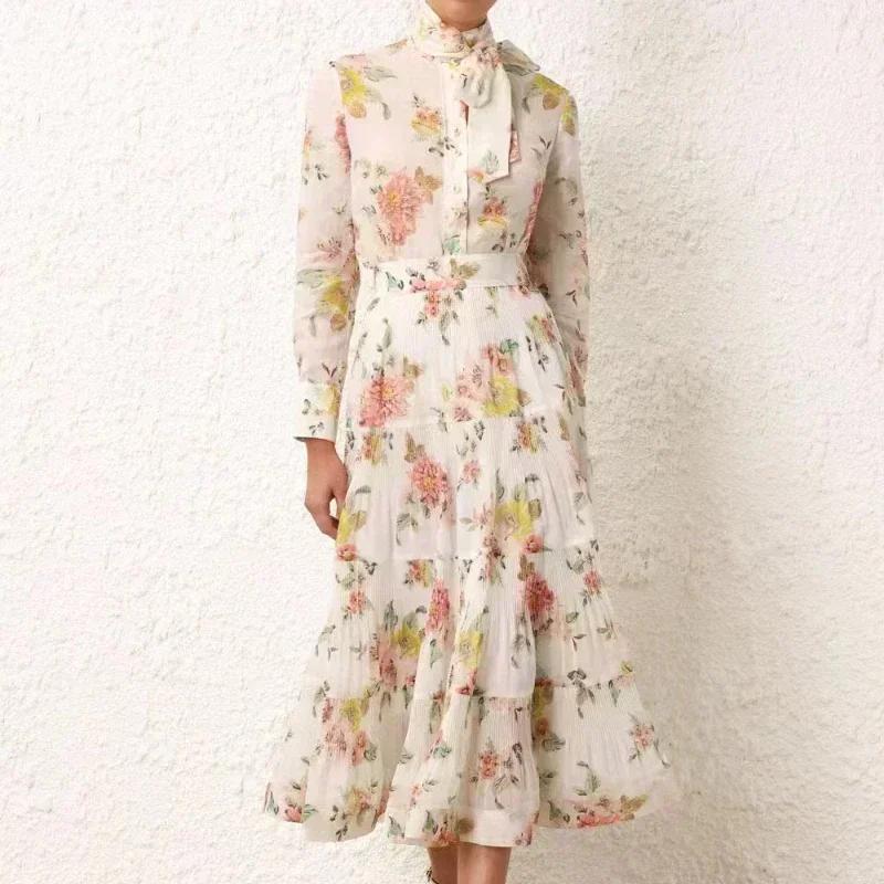 

White Floral Long Sleeve Self Tie At Neck Blouses and Ruched Pleat Patchwork Midi Skirt Women Set