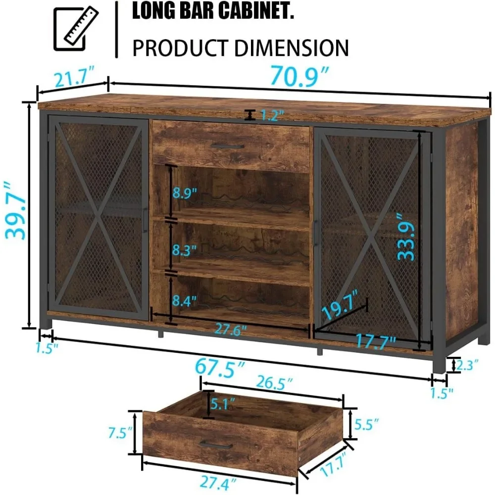 Large Bar Cabinet with Fridge Space, Rustic Long Liquor Cabinet with Drawer Storage, Farmhouse Wood Metal Wine