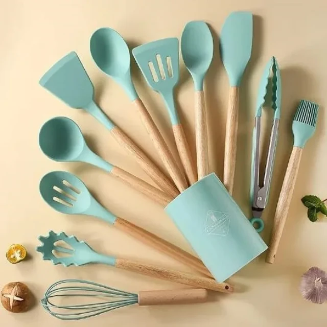 Blue White Silicone Cooking Tool Kitchen Utensils Set Non-Stick Spatula  Ladle Egg Shovel Wood Handle Cooking Kitchenware