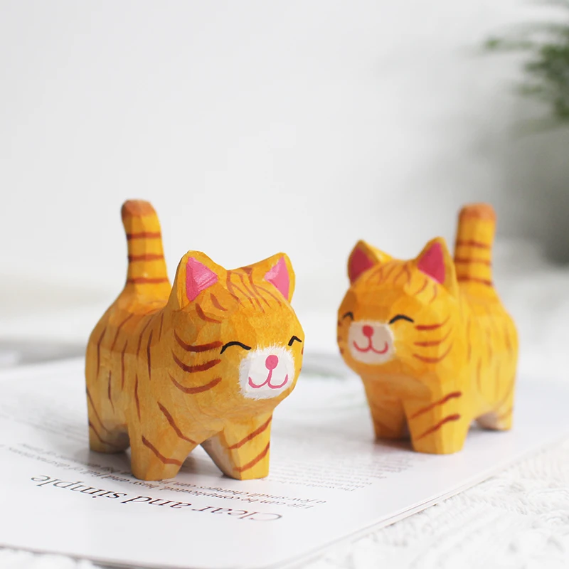 Handmade Wood Carving Kitten Ornaments Small Animal Creative Desktop Wood Cat Decoration Crafts 3