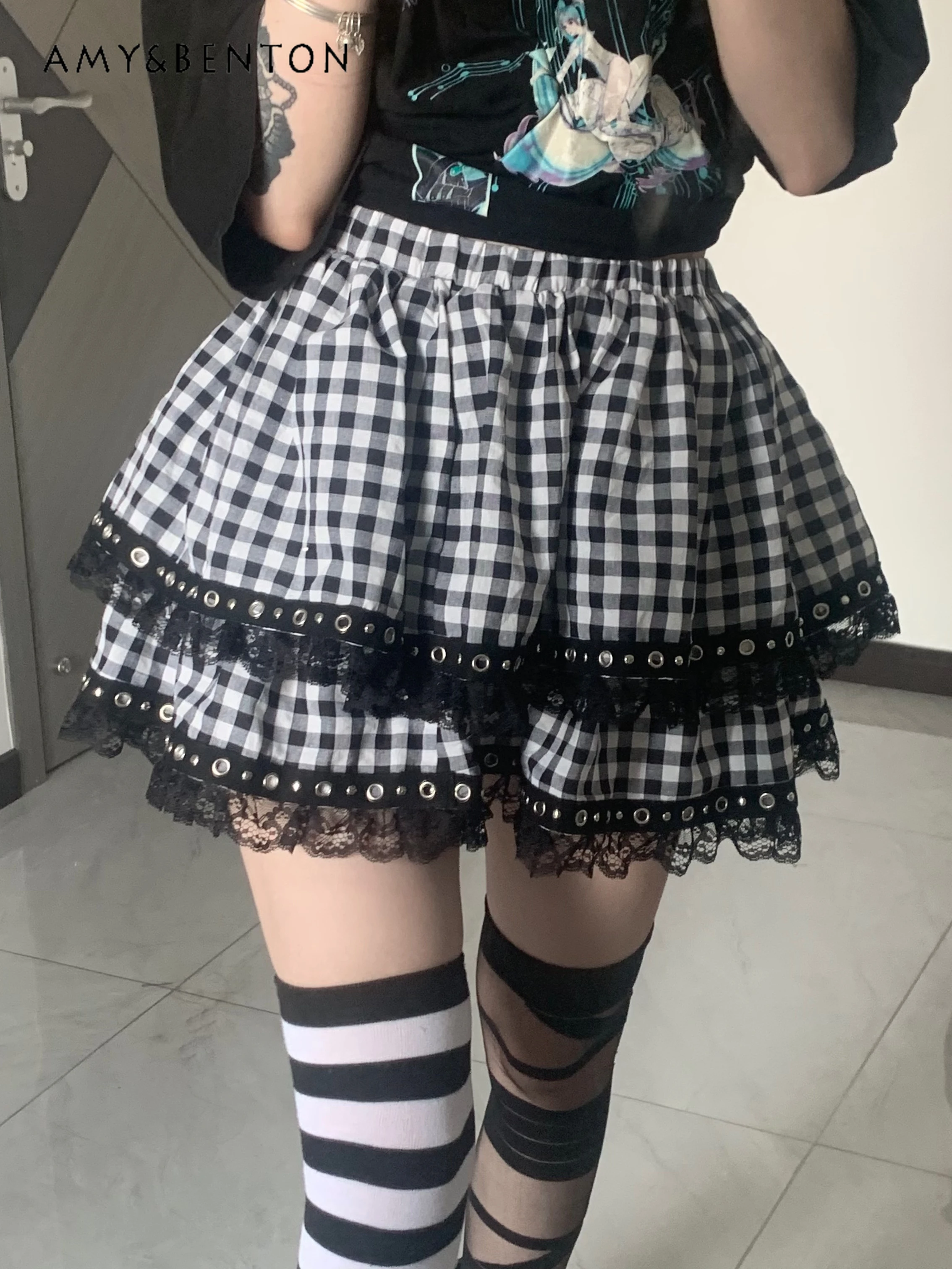 Gothic Harajuku Street Y2K Girl Plaid Skirt Autumn New Japanese Sweet Cute Lace Stitching Slim Fit All Match Mini Cake Skirt kawaii spring jeans pants fashion girl anime pants punk harajuku student funny straight summer autumn gothic high street jeans