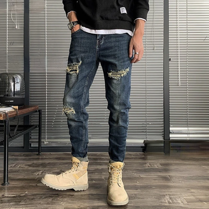 Pantaloni Jeans Da Uomo Skinny Ritagliati Pantaloni Da Cowboy Da Uomo Attillati Rotti Strappati Con Fori Slim Fit Elasticizzati Elasticizzati Estivi X