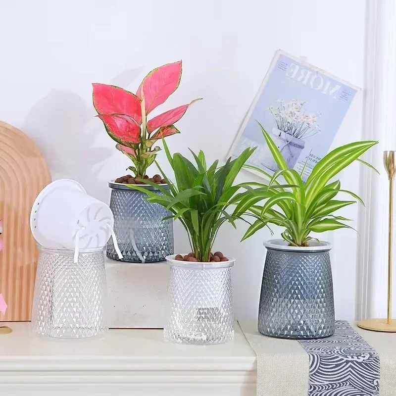 Double-layer Self Watering Plant Pot Transparent Plastic Flower Vase Automatic Lazy Potted Flower Pot Hydroponic Flowerpot Decor