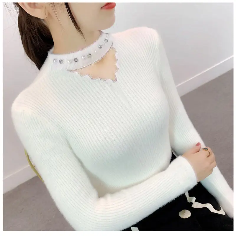 

Mink like Pullover Sweater Women 2023 Autumn and Winter Long Sleeve Undercoat Versatile Hollow Pullover Knitwear Sweater Female