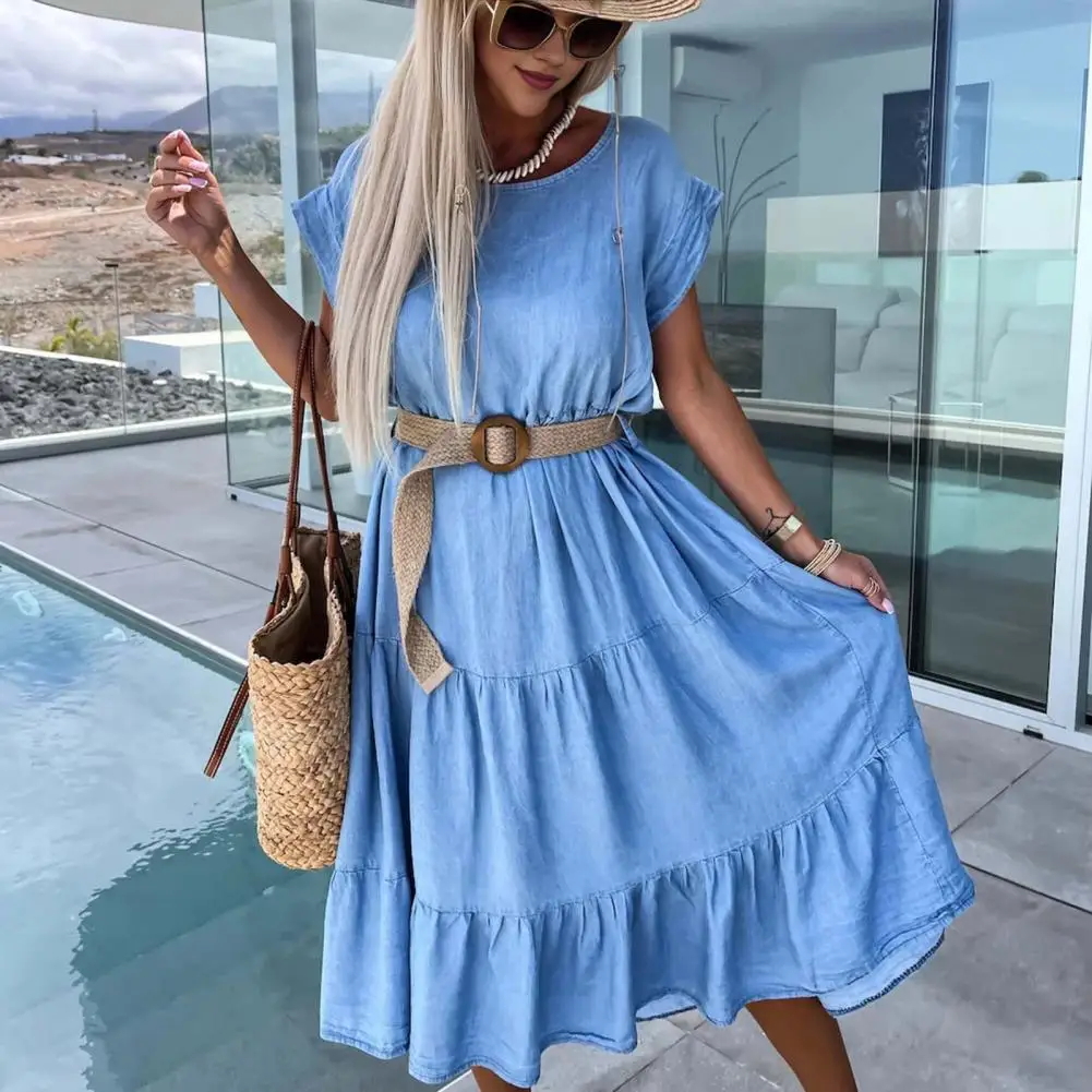 

Big Hem Dress Stylish Summer Women's A-line Midi Dress with Pleated Hem Patchwork Detail for Casual Dating Beach Outings Summer