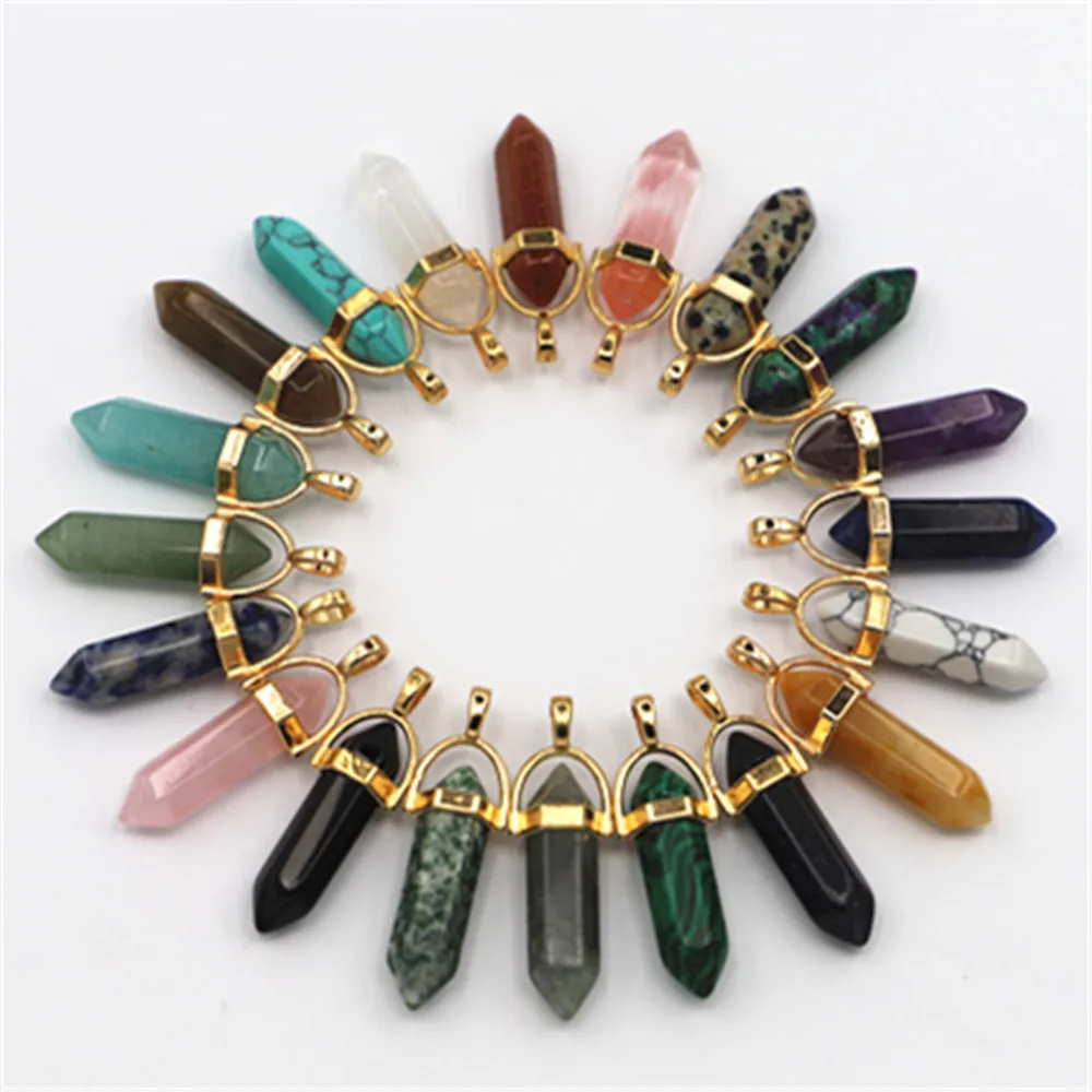 High Quality Assorted Natural Stone Mixed Pillar Point Pendant Amethy Charms Chakra Necklace Wholesale 12Pcs/Pack Free Shipping