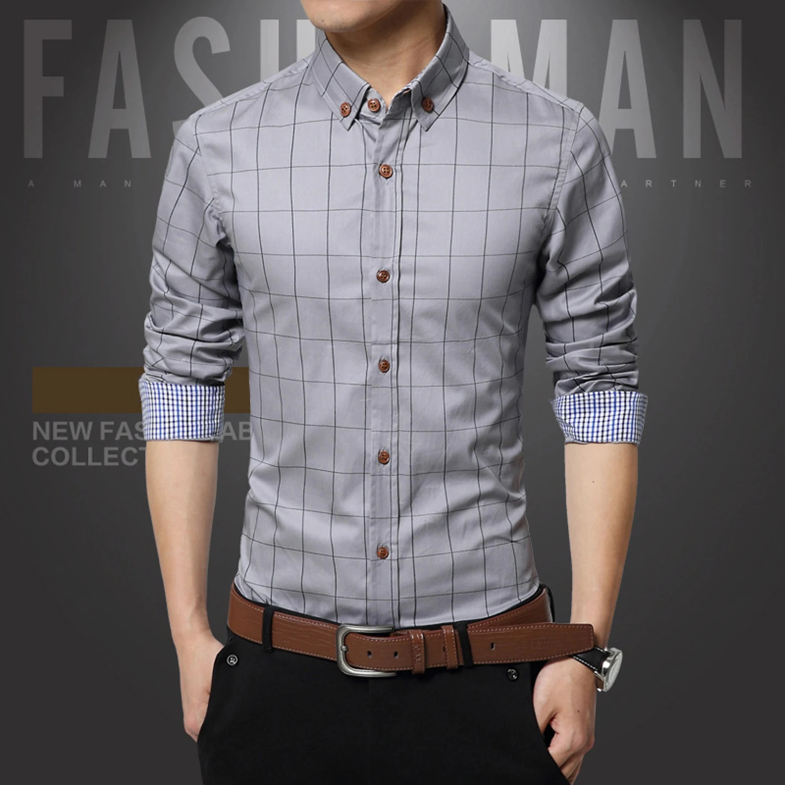 Men Casual Shirt Plaid Print Turn down Collar Single breasted
