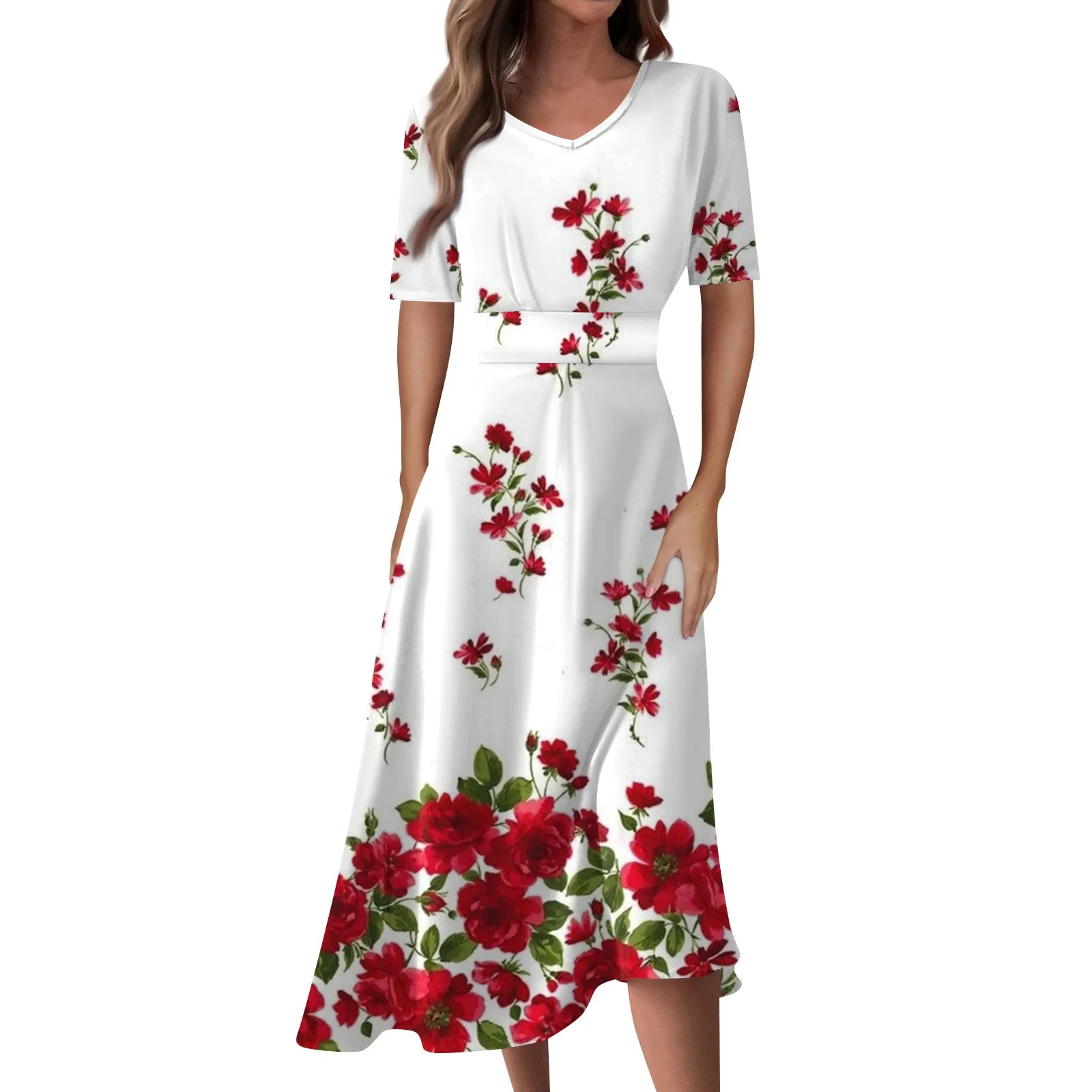 

Ladies Casual Fashion Gradient Print V-Neck Short Sleeve Waist Long Swing Dress vestidos elegantes feminino vestidos para mujer