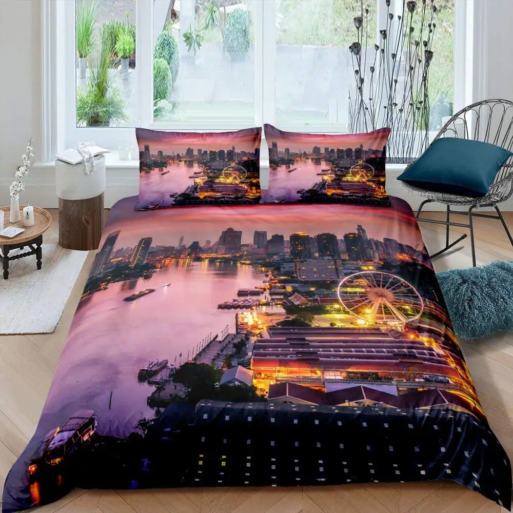 

Bangkok Cityscape Print Bedding Set 3pcs for Kids Boys Bangkok Night View Comforter Cover Modern City Duvet Microfiber Cover Set