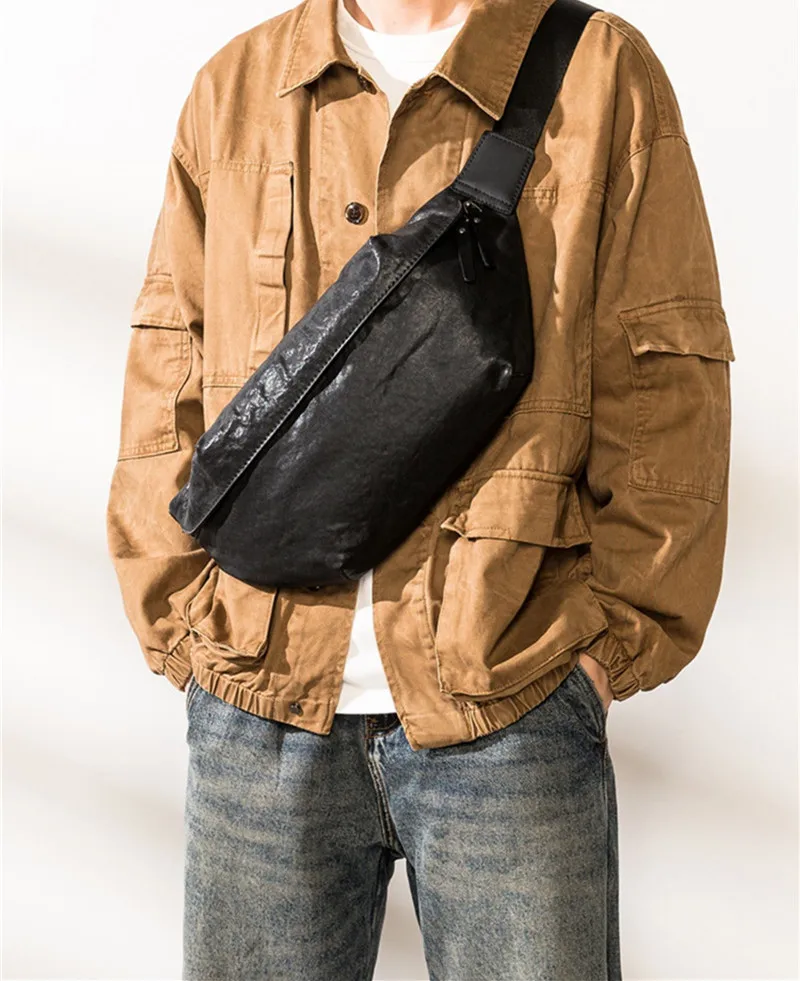 PNDME mode lässig hohe qualität aus echtem leder männer schwarz brust tasche im freien echtes rindsleder motorrad schulter umhängetasche – Detail 2