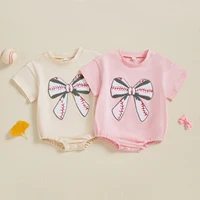 FOCUSNORM 0-18M Lovely Baby Girls Boys Summer Cute Romper Short Sleeve Rugby Bow Embroidery Jumpsuits Clothes 1