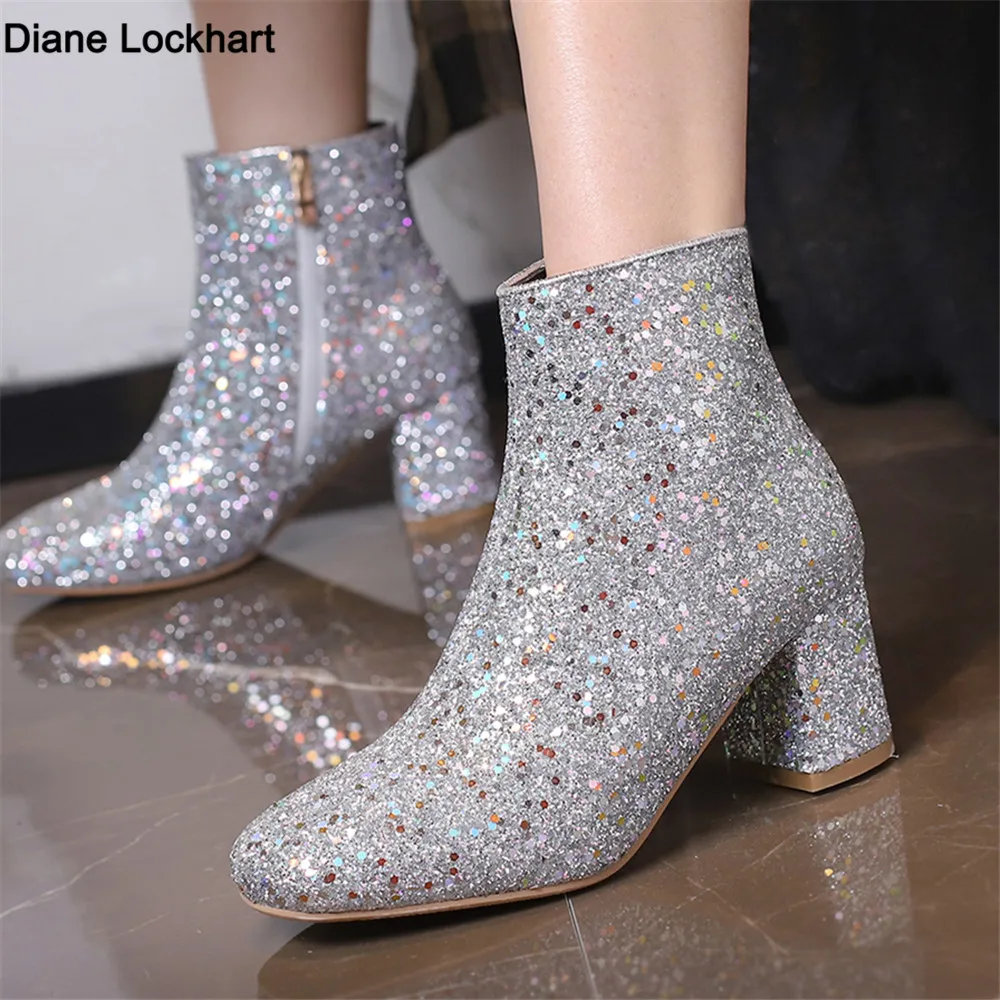 

2023 New Ladies Ankle Boots Sequined Fashion Thick High Heels Women Round Toe Winter Gold Silver Blue Female Chelsea Booties