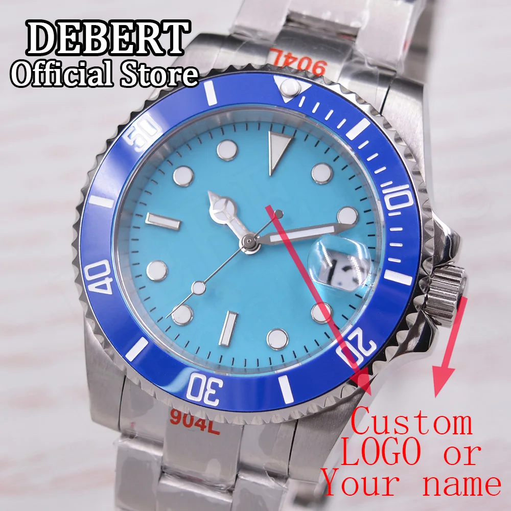 

Custom LOGO 40mm DEBERT Blue Sterile Dial clock NH35 Mechanical Watch Sapphire glass date window no logo Automatic Men's Watch