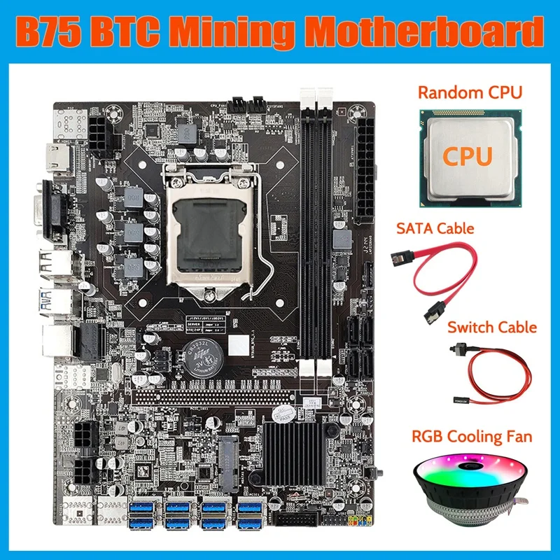 Материнская плата B75 для майнинга BTC + ЦП вентилятор охлаждения RGB кабель SATA
