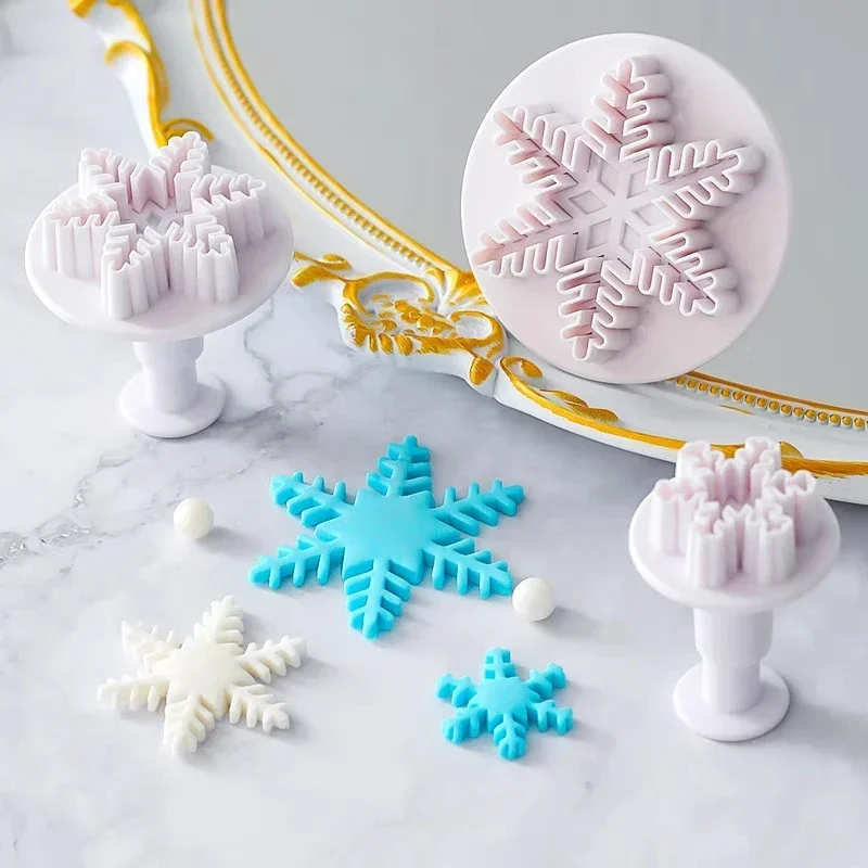 3pcs Snowflake Plunger Mold Cake Decorating Tool Biscuit Cookie Cupcake Mould Kitchen Accessories Fondant Cutting Pastry Cutter cookie cutter,baking mold,cookie mould,fondant cutter,pastry cutter