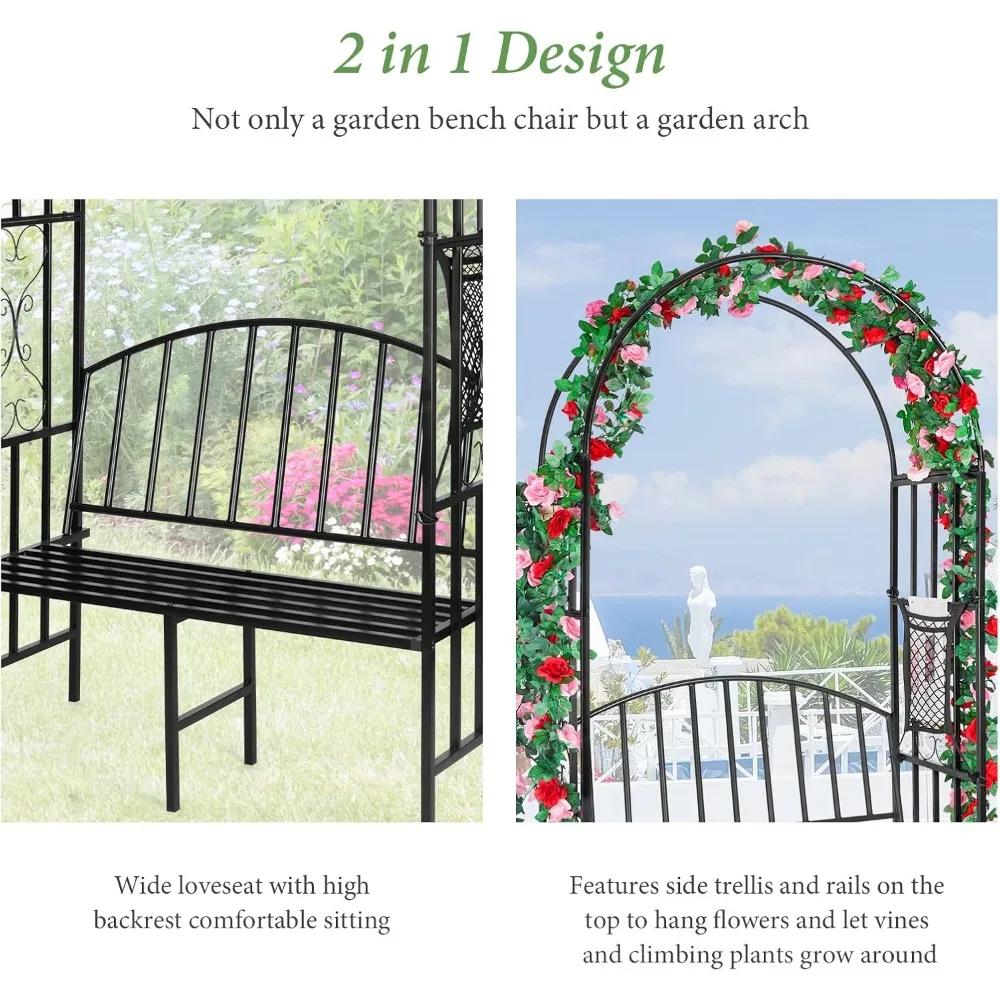 Garden Arch Heavy Duty (Holds 660lbs-250kg) | Metal Arbor Archway for Climbing Plant & Two People Seat Bench |Outdoor Lawn Backy