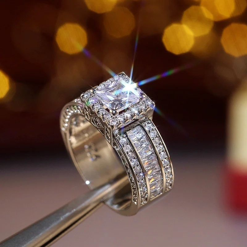 Women Men Ring Inlaid Zircon Stones Wedding Engagement Jewelry