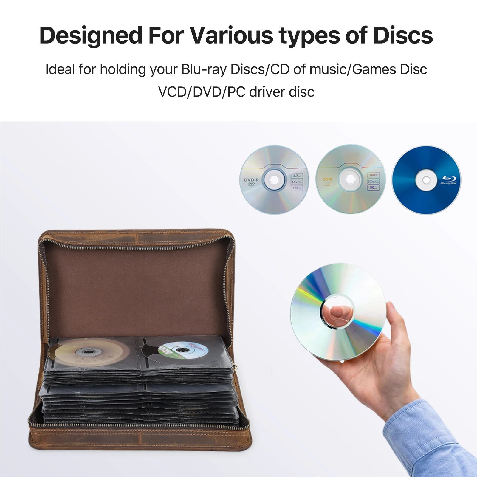 Genuine Leather Large Capacity Zipper CD DVD Wallet Holder Bag 80