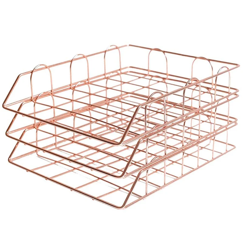 

3 Tier Paper Tray Organizer, Stackable Desk File Organizer Letter Tray Paper Holder Rack For Office And Home (Rose Gold)