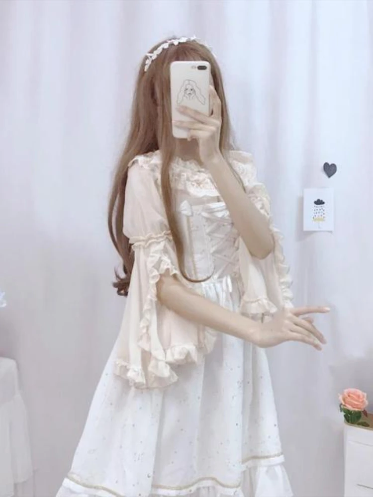 KOSAHIKI 여성용 레이스 셔츠 로리타 블라우스, 스플릿 플레어 슬리브 2025, 일본 쉬폰 블라우스, 귀여운 프레피 스타일 코스프레 상의