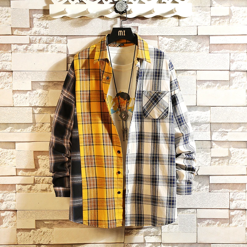 

Hop Shirt Street 2021 Men's Plaid Fashion Sleeve Clothing New Patchwork Casual Long Colour Loose Contrast Hip