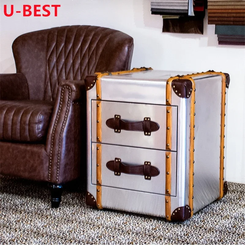 

U-BEST Vintage Furniture Wood Drawer Cabinet Home Decor Polished Aviation Vintage Coffee Table Trunk Aluminium Bedside Table