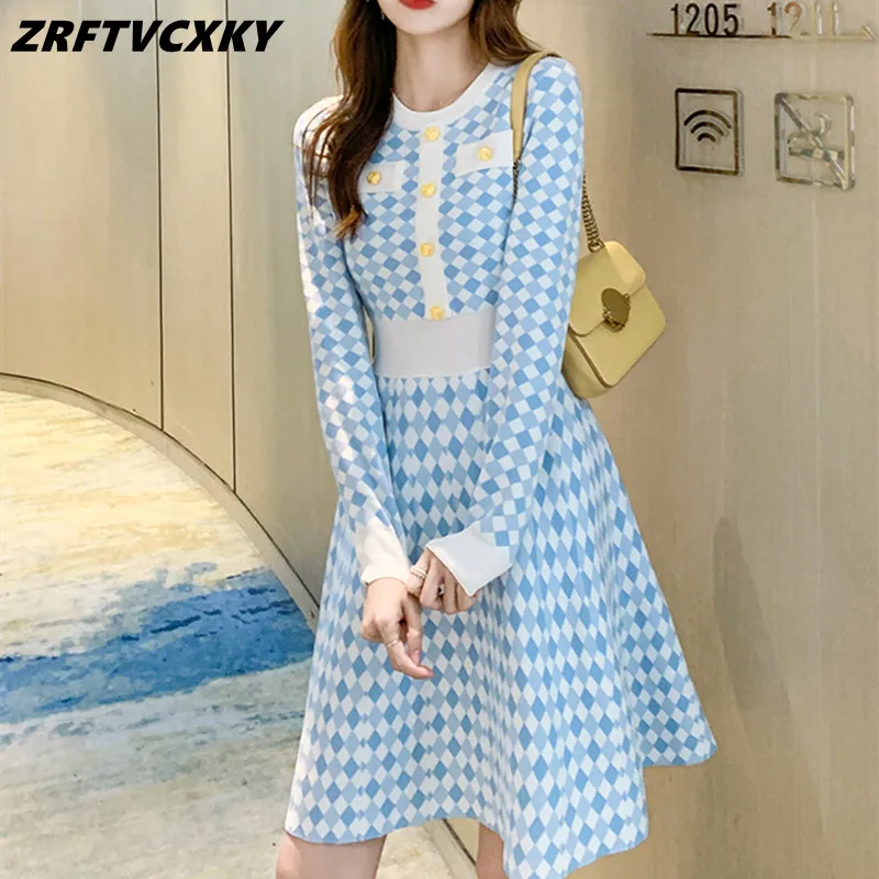

Small Fragrance Contrast Color Sweater Knitted Dresses Women Autumn Elegant O-Neck Patcwork Plaid A-Line Pullover Mini Dress