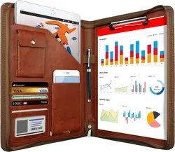Multifunctional Leather Zippered Conference Organizer and Card Holder (Yellow-Brown)