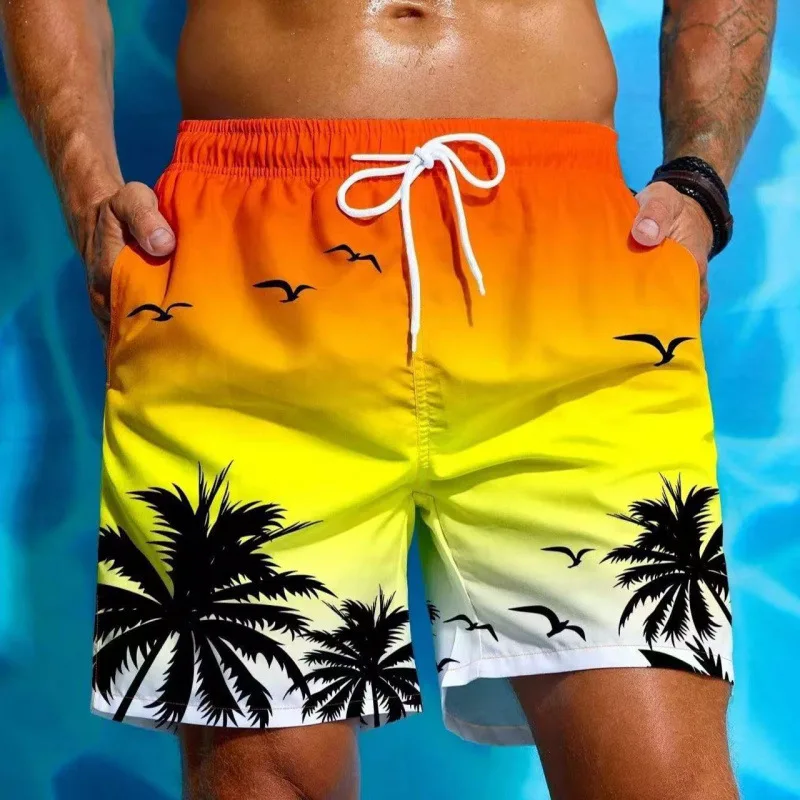 Mens Beach Shorts Coconut Tree Print Surfing Swim Trunks