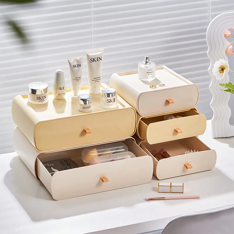 

Cream White Dresser Desktop Makeup Storage Box Multifunction Stackable Jewelry Storage Container Office Stationery Organizer