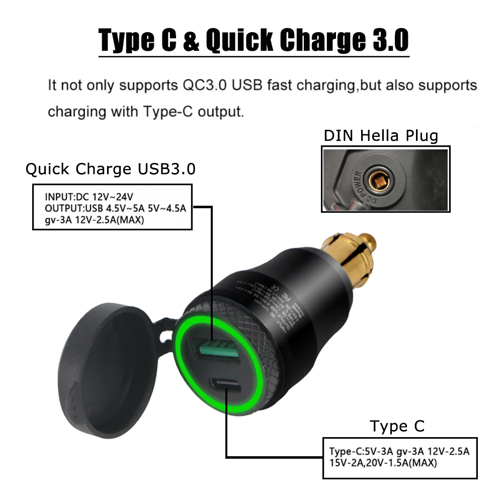 Aluminium USB Typ-C QC 3,0 Schnell Ladegerät Adapter Hella DIN