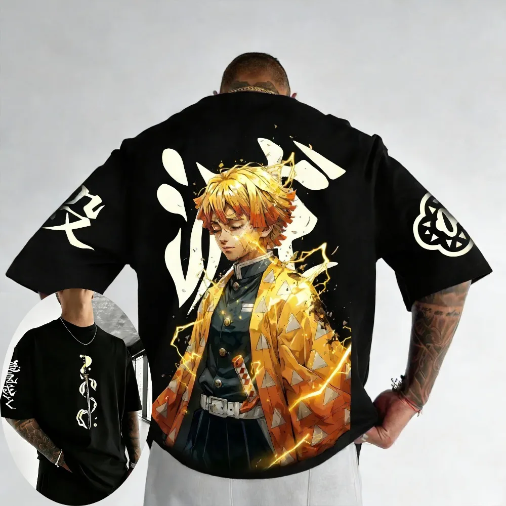 Demon Slayer Agatsuma Zenitsu Unisex Reine Baumwolle T-Shirt für Sommer 2026 Anime-Druck Rundhals Locker Sitzendes Familien-Kurzarm-Oberteil