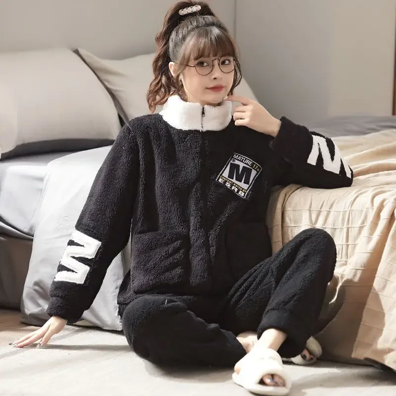 여성용 산호 양털 파자마, 두꺼운 양털 플란넬, 뚱뚱한 여분의 크기, 야외 착용 가능, 세트 라운지웨어, 가을 겨울