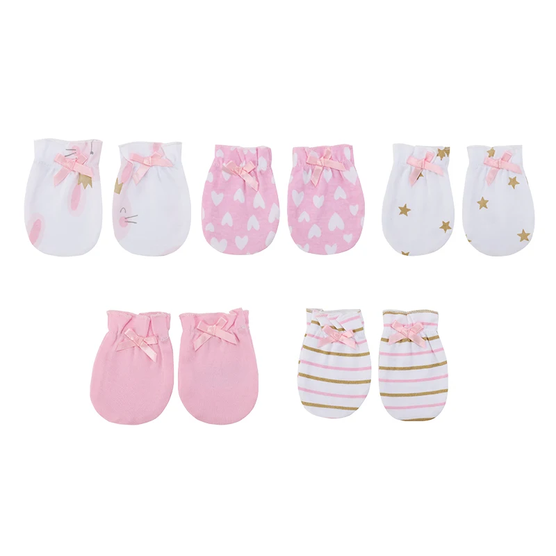 New Born Cotton 5Pieces Baby Girl Mittens 0-6M Cartoon Print Baby Boy Anti-Grabbing Gloves Infant Supplies Accessories Bebes 4