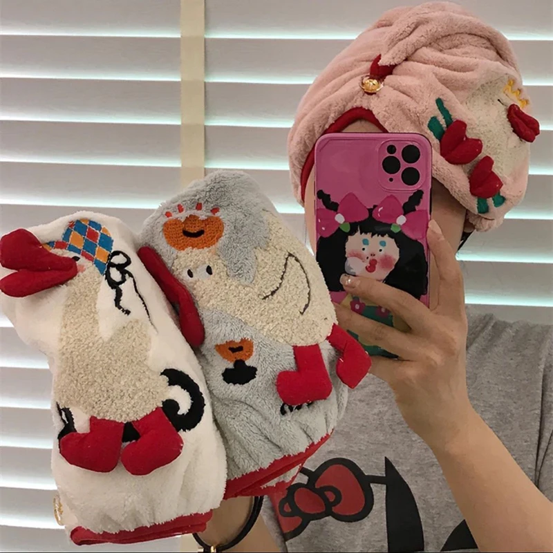 New Adult Student Dormitory Dry Hair Hat With Thickened Coral Cute Cartoon Duck Embroidery Absorbent Shower Cap Quick Drying