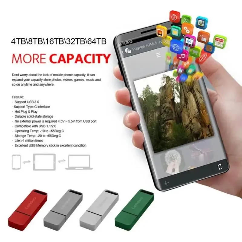 Flash Drive Lenovo 16TB Metal USB 3.2 High Speed Pen Drive Key 8TB Type C U Portable Mini SSD Memory Waterproof